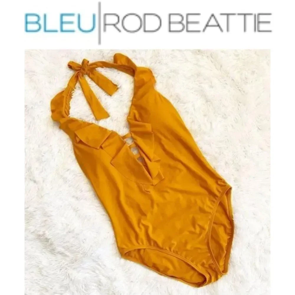 Bleu Rod Beattie Yellow Gold deep Plunge Ruffle One Piece Swimsuit Sz 12